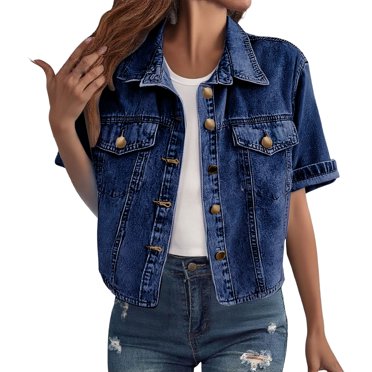 Uqiangy Oversized Jean Jacket Fall Clothing for Women Jackets for Women Trendy Denim Top Dark Wash Denim Jacket Summer Jackets for Women Womens Clothing Blue M