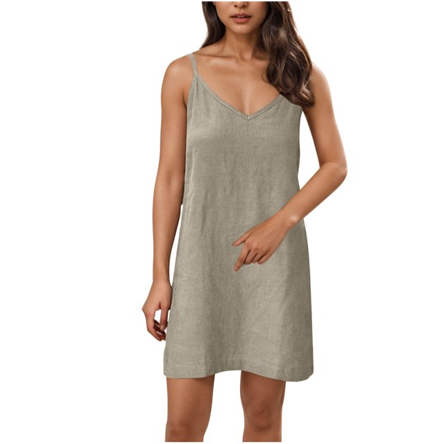 JGGSPWM Robe de Nuit Midi Sans Manches pour Femmes en Coton et Lin à Bretelles Spaghetti, Col en V, avec Poches, Kaki, TG