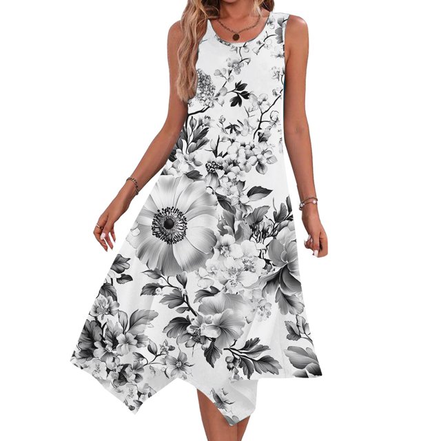 Ovzne Robes d'Été pour Femmes Robe Robes pour Femmes Sans Manches Col Rond à Cordon Décontractée à Volants Ligne A Mini-Robe Robe de Printemps Liquidation