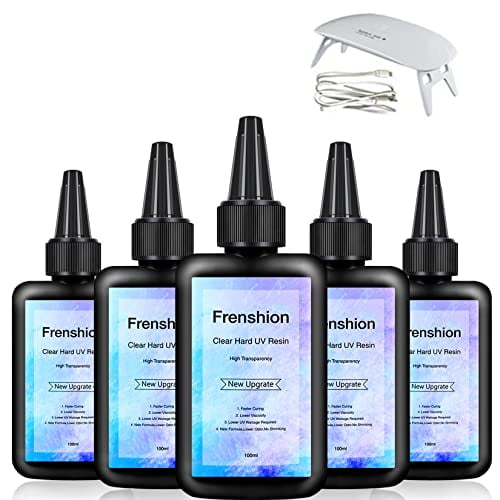 UV Resin- 5X100ML Upgrate Hard Type Crystal Clear Epoxy Resin, UV Glue Ultraviolet Curing, Solar Cure Sunlight Activated Resin Clear Adhesive Glue for Jewelry Making+Mini Portable Lamp