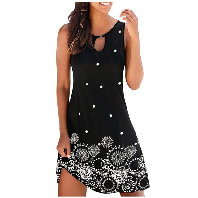 EQWLJWE Robe Longue pour Femmes Mode pour Femmes Vintage Col Rond Sans Manches à Imprimé Floral Robes à Boutons Rondes
