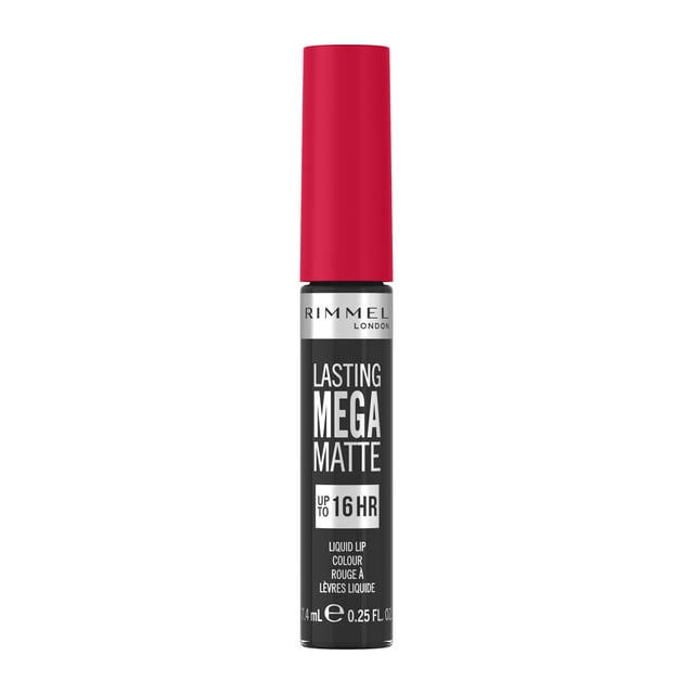 Rimmel Lasting Mega Matte Rouge à Lèvres Liquide en tube Noir de 7,4 ml avec Texte Blanc Indiquant jusqu'à 16 Heures de Port, Doté d'Une Casquette Rouge Vif, Offrant une Finition Mate Longue Tenue Convenant à des Lèvres Confortables et Légères.