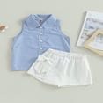 thumbnail image 3 of 2PCS Toddler Girls Summer Outfits  Sleeveless Button Down Striped Shirt + Bow Shorts Set, 3 of 7