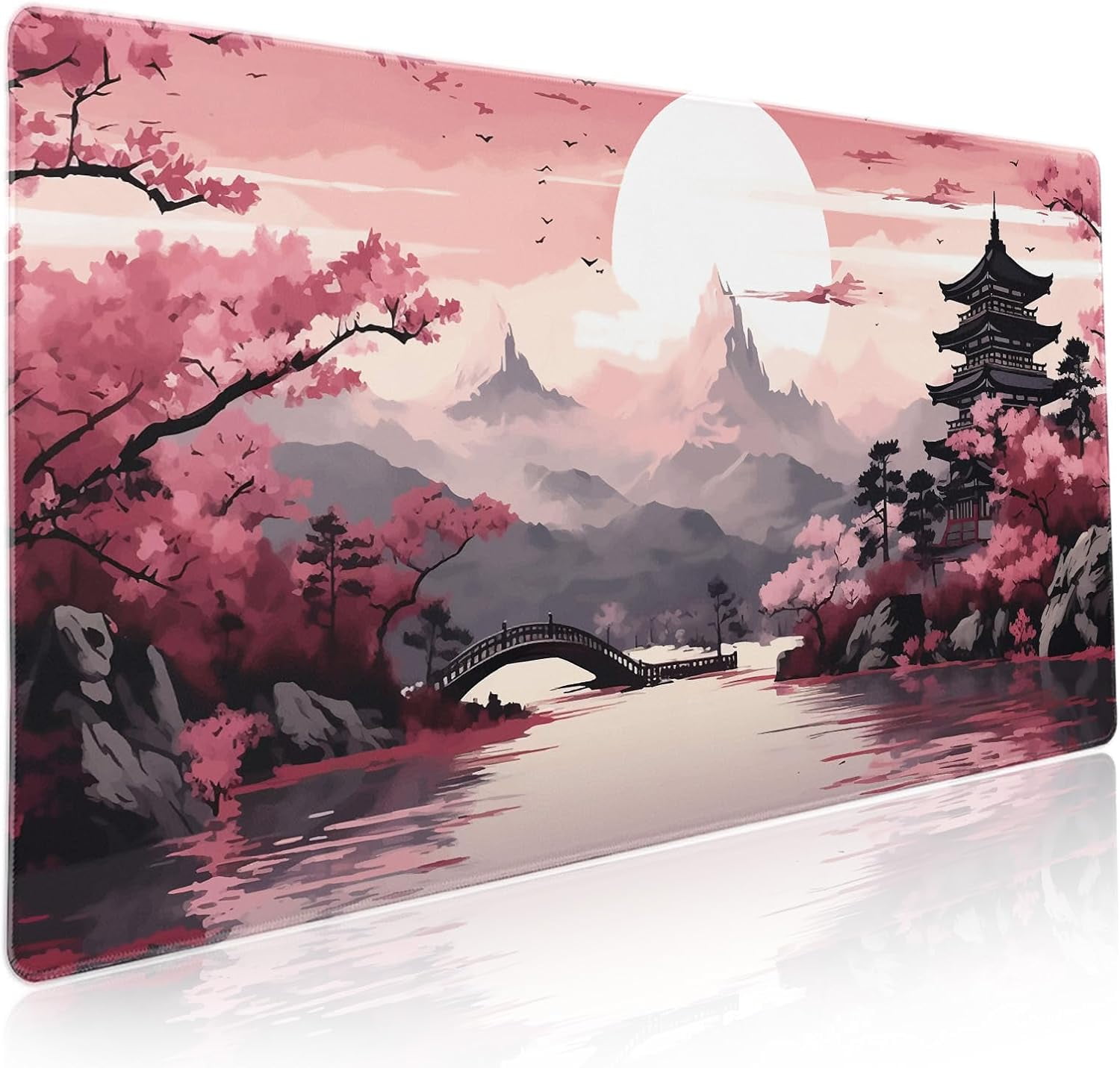 Pink Japanese Sakura Gaming Mouse Pad - Cherry Blossom Tower Mountain Landscape, 35.4x15.7 Inch, Non-Slip Rubber Base, Stitched Edge, Long Mousepad for Computer Gamers