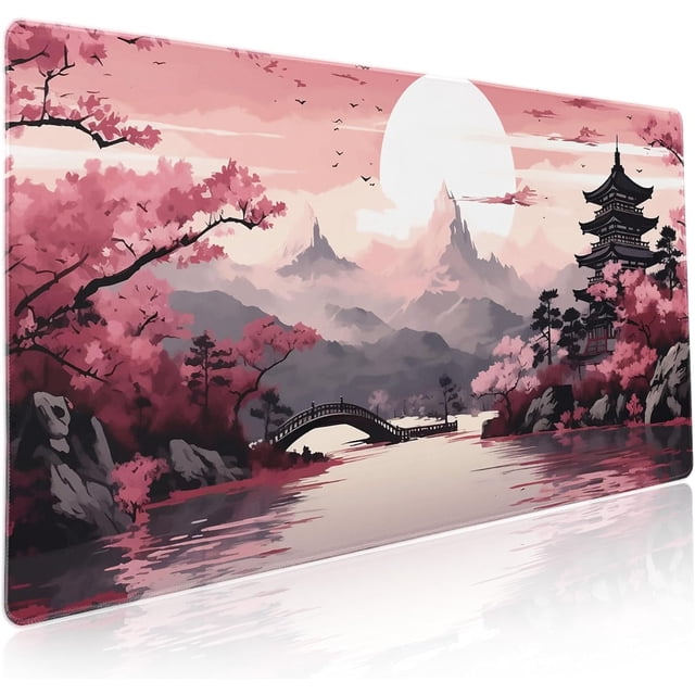 Pink Japanese Sakura Gaming Mouse Pad - Cherry Blossom Tower Mountain Landscape, 35.4x15.7 Inch, Non-Slip Rubber Base, Stitched Edge, Long Mousepad for Computer Gamers
