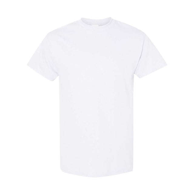 Gildan Mens Heavy Cotton Short Sleeve T-Shirt in white, shown in a front-facing view. This men's crew neck t-shirt features a seamless double needle collar, taped neck and shoulders, and double stitched sleeve and bottom hems. Made from 100% preshrunk jersey cotton with tubular construction for durability. Available in a pack of 5.