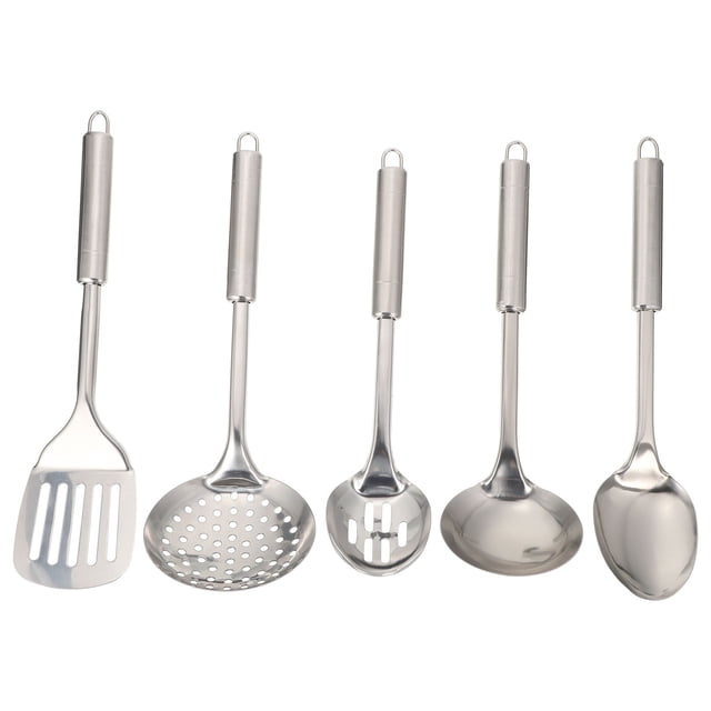 MasteelfCA 1 Ensemble d'Ustensiles de Cuisine Comprenant Cinq Ustensiles de Cuisson en Acier Inoxydable, Comprenant une Spatule Ajourée, une Passoire-Cuillère, une Cuillère Ajourée, une Cuillère à Soupe et une Cuillère Régulière. Chaque Ustensile a une Poignée Isolante pour la Chaleur avec un Trou de Suspension pour un Rangement Facile. les Ustensiles Argentés Sont Durables, Résistants à la Chaleur et Conçus pour les Besoins de Cuisson Quotidiens.