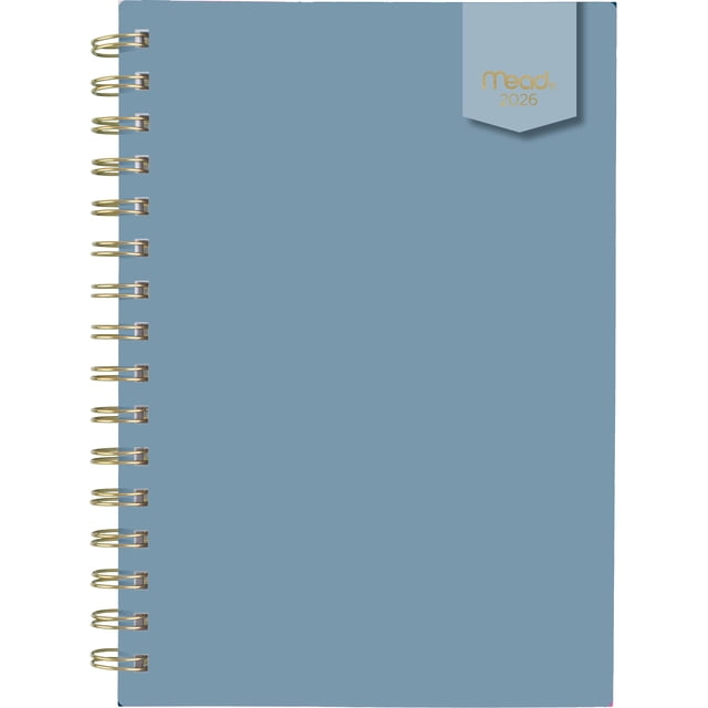 2026 Mead® Mountain Spring Small Weekly Planner with a durable blue poly cover and gold foil Mead 2026 logo on a top right tab, twin gold coil binding that resists snagging and lays flat for ease of use, suitable for organized weekly and monthly scheduling in a compact 5 1/2 by 8 1/2 inch format.