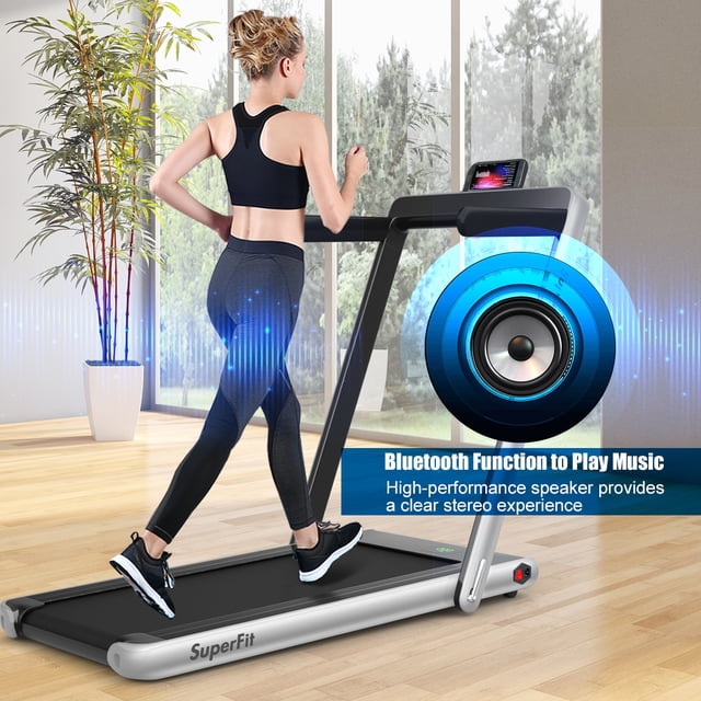 Patiojoy Tapis Roulant Pliant 2 en 1 Machine de Course Électrique avec Haut-Parleur Bluetooth et Application de Télécommande Argent