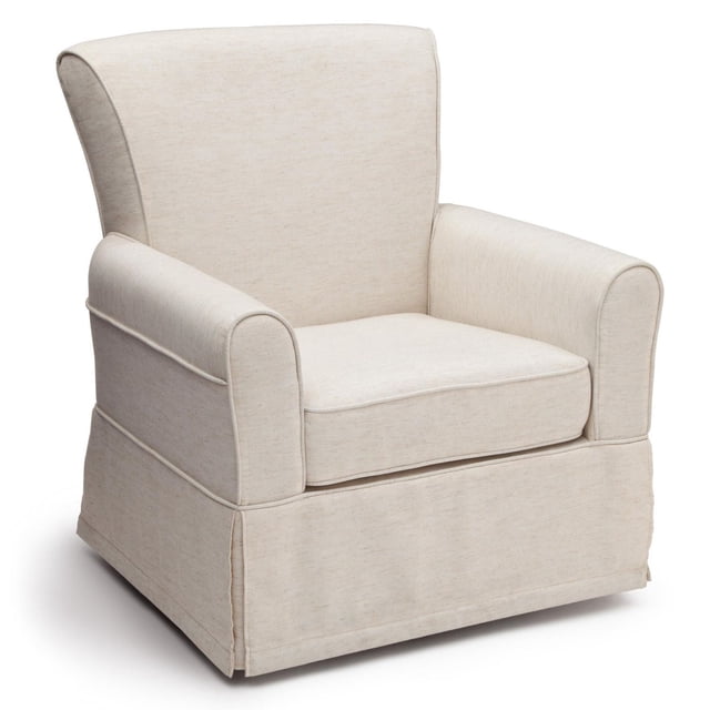 Delta Children Epic Glider in beige fabric with full upholstery, thick padded armrests, cushioned seat, and wrap-around skirt. This nursery glider offers a gentle swivel and glide motion, designed for comfortable baby care and relaxation.