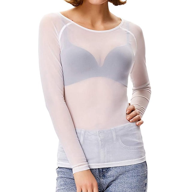 Pompotops Women See-Through Long Sleeve Seamless Arm Shaper Top Mesh Shirt Blouse