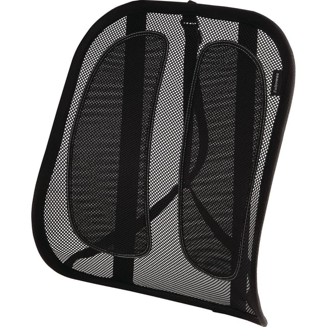 Office Suites™ Mesh Back Support with black breathable mesh and padded lumbar panels, designed for ergonomic support and airflow, featuring tri-tensioning straps for easy attachment to any chair.