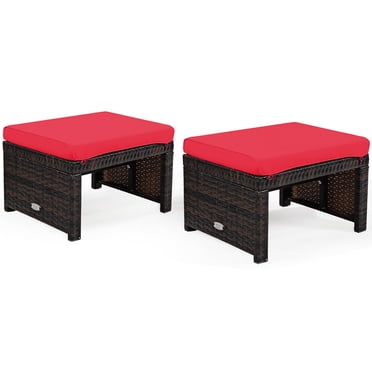 Patiojoy 2 Pcs Pouf d'Extérieur en Osier Mobilier de Patio en Rotin Repose-Pieds en Métal Siège Tabouret Carré avec Coussin Rouge