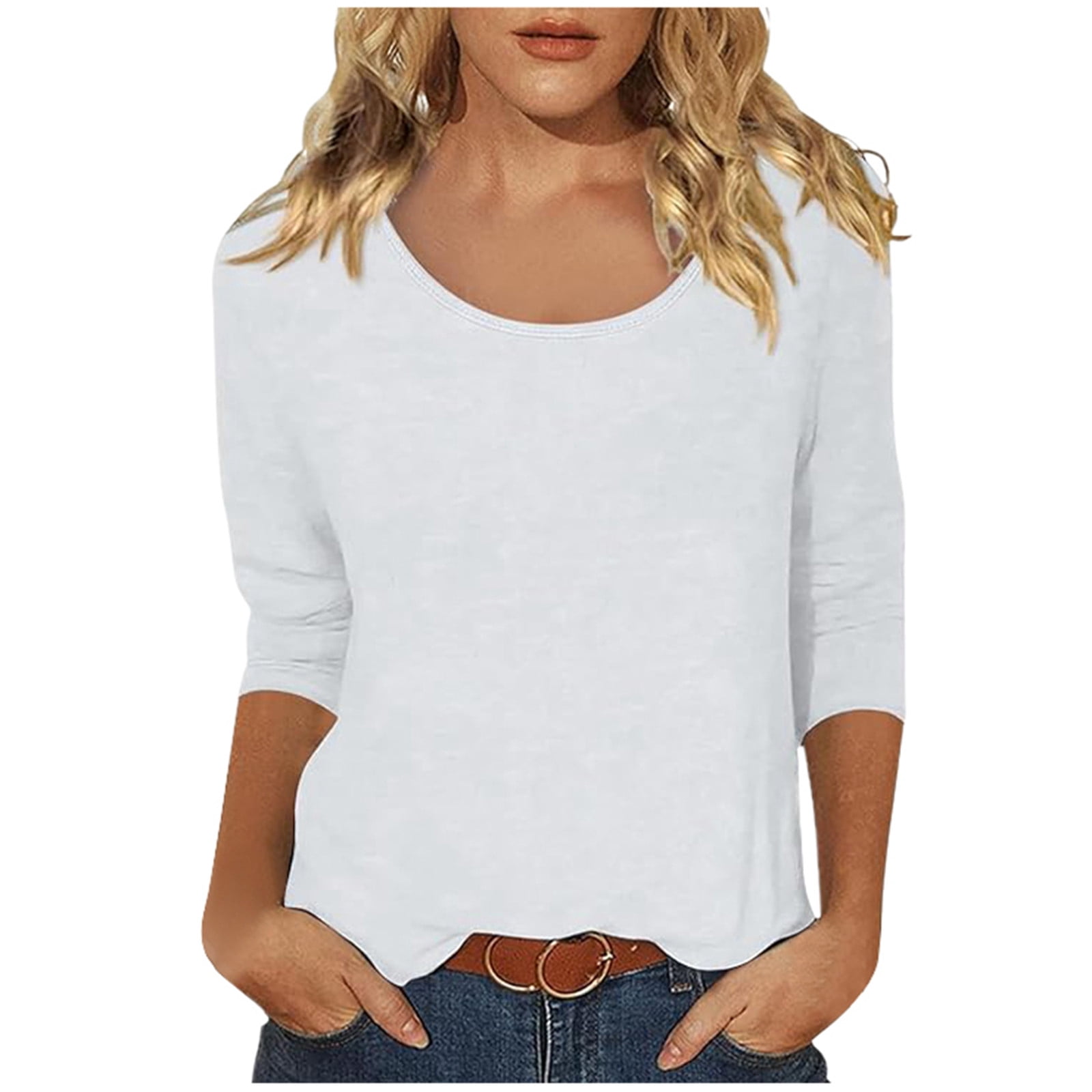 Hiiyo T-Shirt à Manches 3/4 pour Femme à Col Rond, T-Shirt Décontracté Uni, Blanc P
