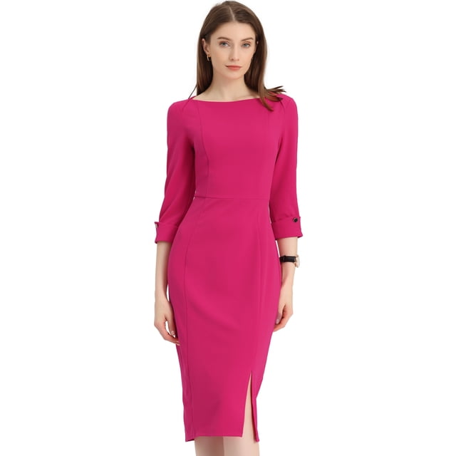 INSPIRE CHIC Robe Fourreau pour Femme Col Bateau Manches 3/4 Ourlet Fendu Tenue de Travail Robes Midi TG Fuchsia