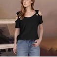 thumbnail image 2 of fheaev Hauts d'Été pour Femmes Épaules Dénudées Manches Courtes Dentelle Patchwork Col Rond Tunique Ample Blouses T-Shirt Décontracté Chic Vacances Travail, 2 of 7