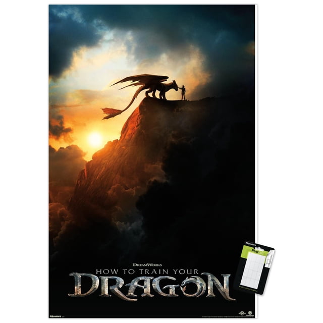 How To Train Your Dragon (2025) - Affiche Murale Teaser en une Feuille Représentant une silhouette de Dragon et de Personne au Sommet d'Un Pic Rocheux au Coucher du Soleil avec des Nuages Dramatiques, Imprimée sur Papier d'Art photo Brillant pour une Déco Murale Vibrante, Comprend des Supports Adhésifs pour une Suspension Sans Dommages.