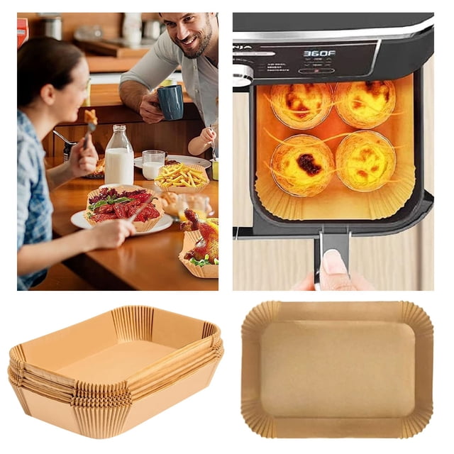100-pack 8.7-inch disposable parchment paper liners compatible with air fryer models, ideal for food preparation and cooking. Designed as a grease-resistant kitchen accessory, these circular sheets promote even cooking and reduce mess in air fryers.
