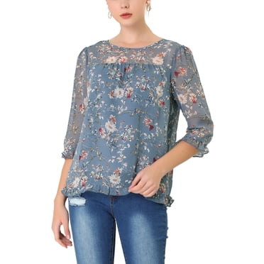 INSPIRE CHIC Women's Tops 3/4 Sleeves Ruffle Hem Floral Chiffon Shirt Blouses 3XL Grey Blue