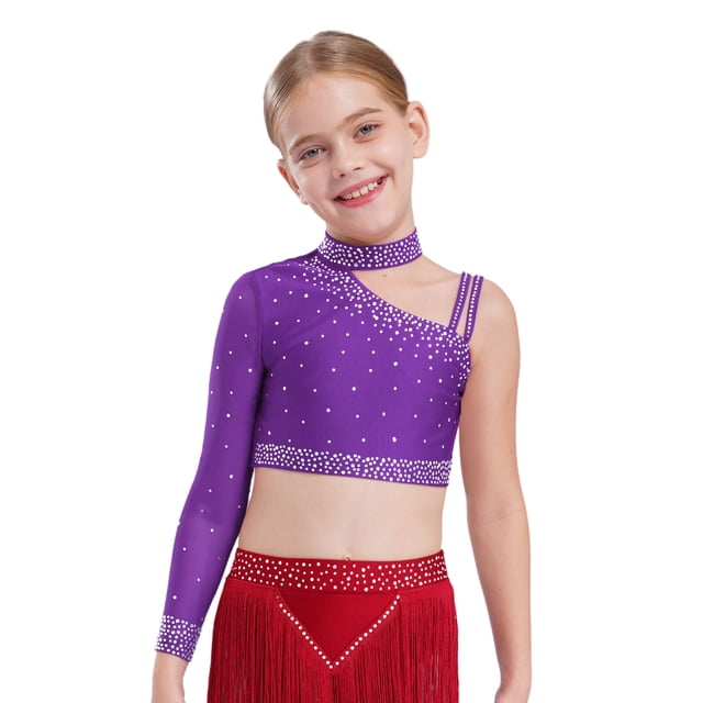 Manyakai Kids Girls Shiny Rhinestone Jazz Latin Modern Lyrical Dance Crop Tops Irregular Shoulder Purple 16
