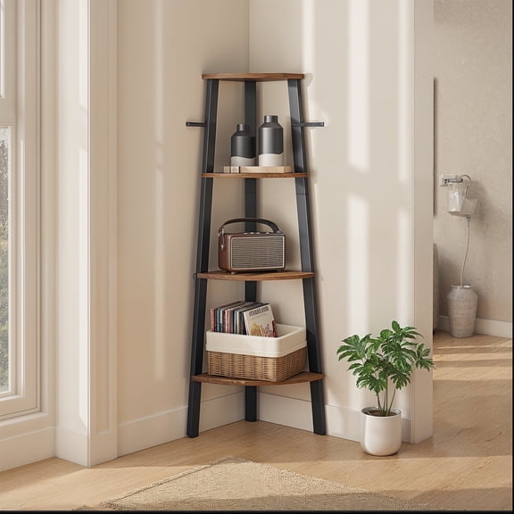 LEDREM Étagère d'Angle - Bibliothèque Industrielle à 4 Niveaux, Support pour Plantes Gain de Place, Assemblage Rapide, Brun Rustique et Noir