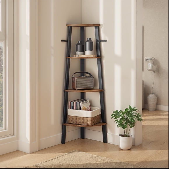 LEDREM Corner Shelf Stand - 4-Tier Industrial Bookshelf, Space-Saving Plant Stand, Quick Assembly, Rustic Brown and Black