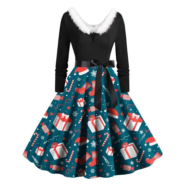 EGNMCR Robes pour Femmes de Noël Imprimées Patchwork Col en V Taille Haute Manches Longues Robe Vintage avec Ceinture Robe de Fête Cadeaux de Noël