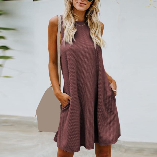 Robes d'Été Grande Taille pour Femmes 2024 Printemps et Col Suspendu Jupe Grand Dos Col Rond Sans Manches Robe Économisez jusqu'à 65 %!