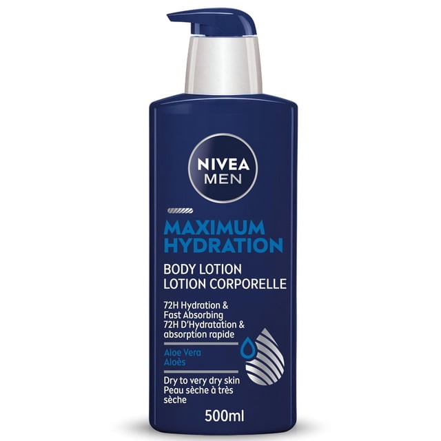 NIVEA MEN Maximum Hydration Body Lotion for dry to very dry skin, 500mL dark blue pump bottle with silver and blue text, providing 72 hours of fast-absorbing hydration and Aloe Vera for deep nourishment, suitable for daily use on body, face, and hands.