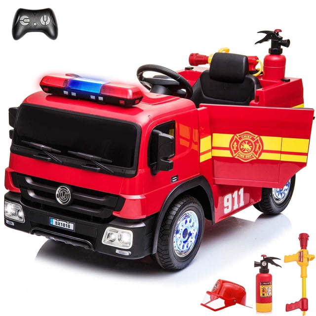 VOLTZ TOYS 12V Electric Fire Truck Ride-On Car for Kids, Motorized Toy Vehicle with Real Water Spray Gun, Fireman Backpack, Helmet, Siren & Flashing LED Lights, Red