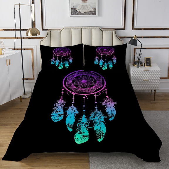 YST Bohemian Dream Catcher Coverlet Queen Size Hippie Dreamcatcher Bedding Set, Watercolor Gradient Dream Catcher Bedspread Set Exotic Tribal Style Quilt Set, Colorful Feather Bed Set
