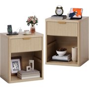 BeesClover Fluted Bedside Table with 1 Drawer Storage Space, Nightstand Set of 1 with Charging Station, Metal Handles and Rounded Corners for Safety, Side Tables, End Table Bedroom