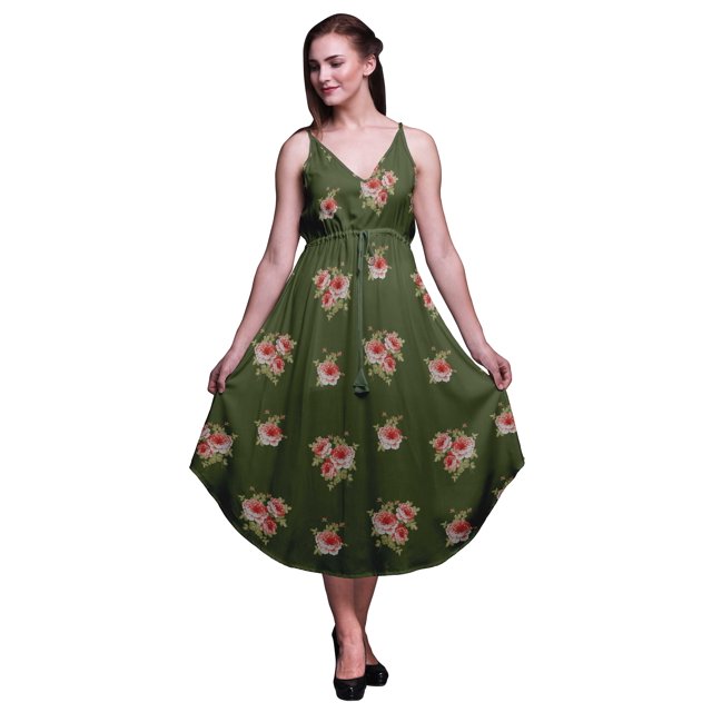 Bimba Robe Midi d'Été Imprimée à Fleurs pour Femmes Col en V Tenue de Vacances-Moyenne
