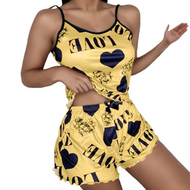 GDREDA Womens Pajamas Set Women's Sleepwear Custom Label Rope Casual Pyjama Letter Milk Silk Nightgowns Pajamas Pretty Ruffles Night Dress Women Pajama Sets pyjamas Yellow,L