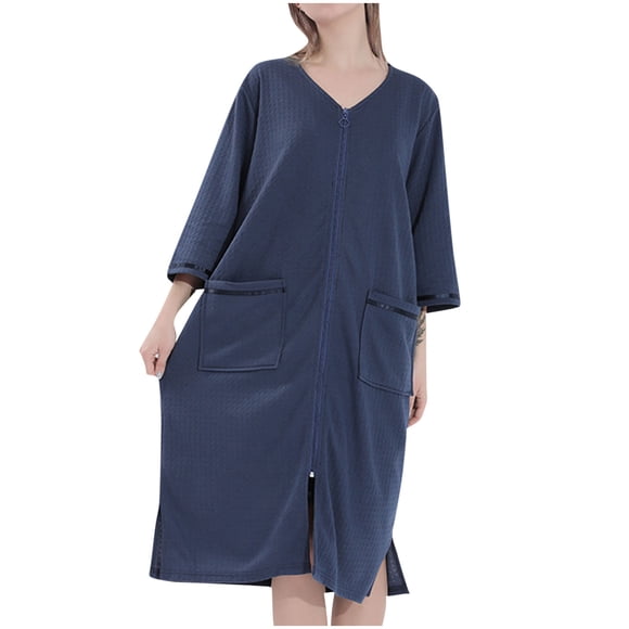 Women's Waffles Robe 3/4 Sleeve Lightweight Bathrobe Zipper Nightgown Housecoat Knee Length Loungewear with Pockets Ladies Nightgowns Navy M