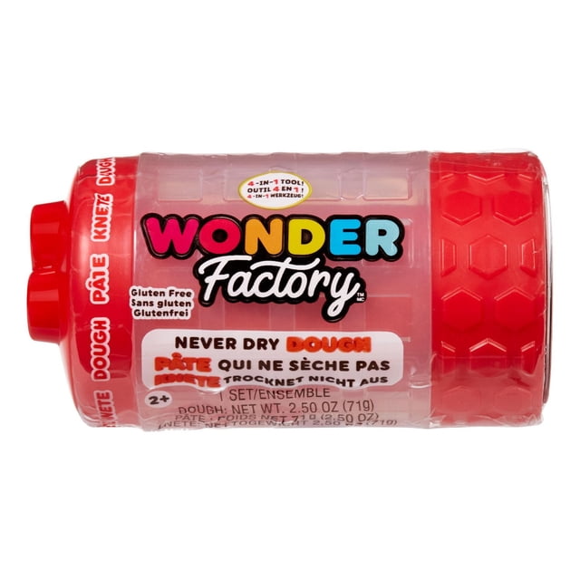 Wonder Factory Never Dry Single Dough – Red in a clear plastic 4-in-1 tool container with textured red roller end, gluten free dough that stays soft for hours, ideal for imaginative arts and crafts play, 2.5 oz (71g).