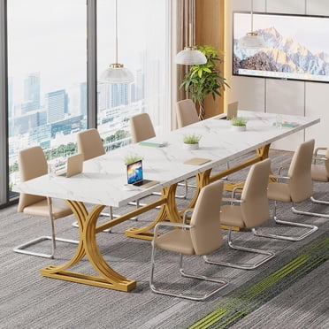 Tribesigns Table de Conférence en Faux Marbre de 63 Pouces pour 4–6 Personnes, Table de Réunion Blanche avec Pattes en Métal Doré, Bureau Moderne pour Bureau à Domicile et Espace de Travail (2 Pcs)