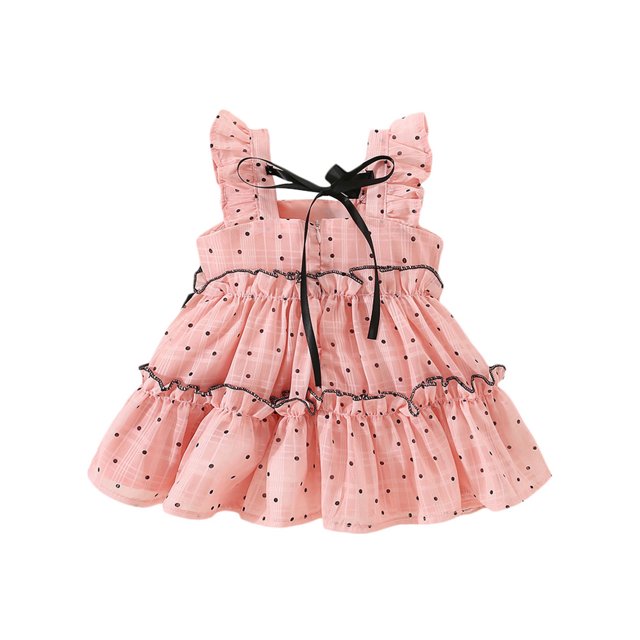 Kmbangi Robes d'Été pour Bébés Filles en Bas Âge Sans Manches Noeud devant Points Impression Robe de Réservoir à Plusieurs Niveaux pour 9M-3Y