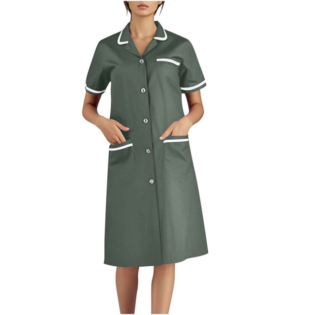 Xfvqtps Robe d'Infirmière pour Femmes avec Poches, Boutons, Manches Courtes, Empiècement, Col à Revers, Robe de Travail pour Préposée, Gris