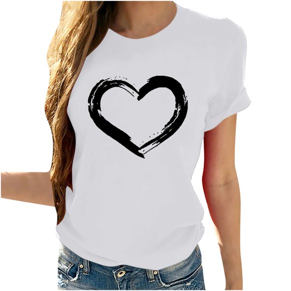 Valentines Day Tops for Women Heart-shaped Printed Summer Short Sleeve Tshirt Casual Round Neck Shirts Loose Comfy Tees