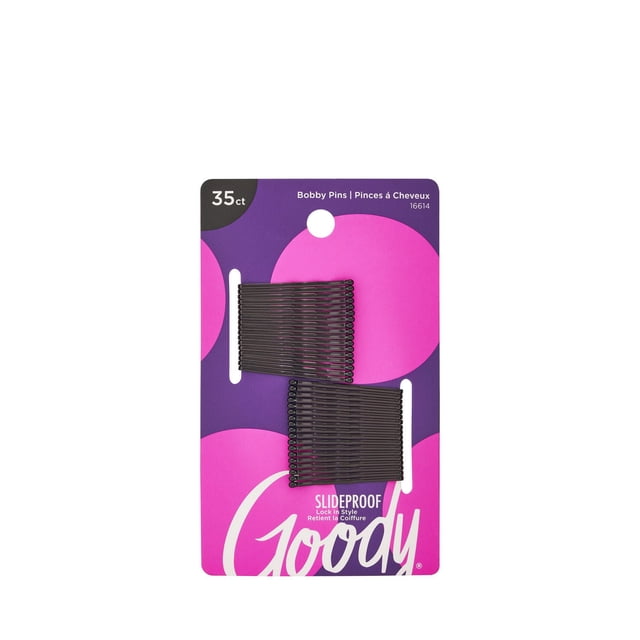 Goody Bobby Pins - Secure Hold - 35 Ct - Black on purple and pink packaging with 35 black slide-proof bobby pins featuring comfort tips, designed to secure updos, flyaways, and layers for all hair types without damage.