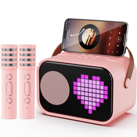 JYX Karaoke Machine, Home Karaoke System with 15 Animated Dispaly Modes, Mini Portable Speaker with 2 Microphones, Pink