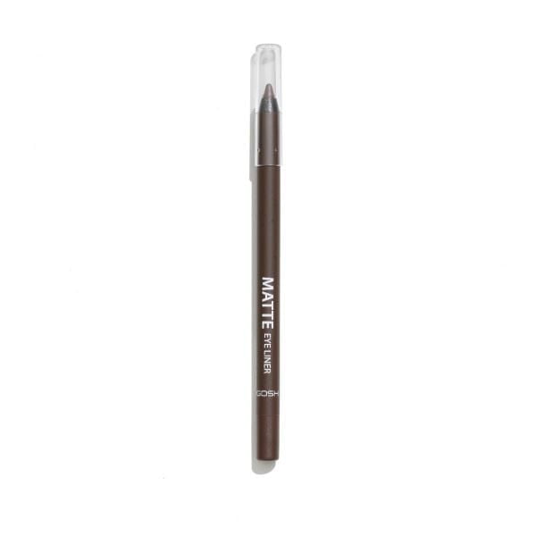 GOSH - Matte Eye Liner - 014 Chocolate Brown, a matte chocolate brown eyeliner pencil with a clear cap and white text, delivering creamy, blendable color for precise application to create sharp or smokey eye looks, suitable for sensitive skin.