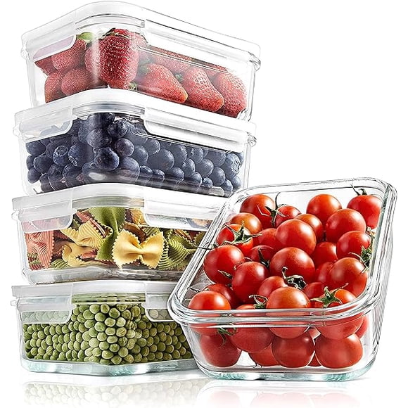 10-Piece Superior Glass Food Storage Containers Set (5 Containers + 5 Locking Lids) - Stackable Glass Meal-prep Design, BPA-free Airtight Clear Locking lids with Vent Lids & Air Hole, NutriChef NCCLX5