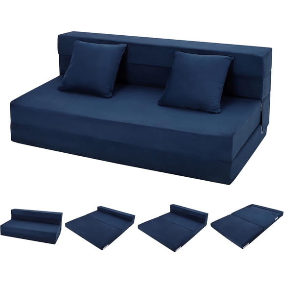 Convertible Folding Sofa Bed with Pillow - Modern Futon Floor Couch, Memory Foam Sleeper Chair for Living Room & Home Office, Queen Blue