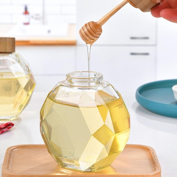 Hexagon Shape Honey Pot Jar with Dipper Heat-Resistant Glass Storage Container Honey Pot Glass Honey Jar with Dipper and Lid Cover for Home Kitchen