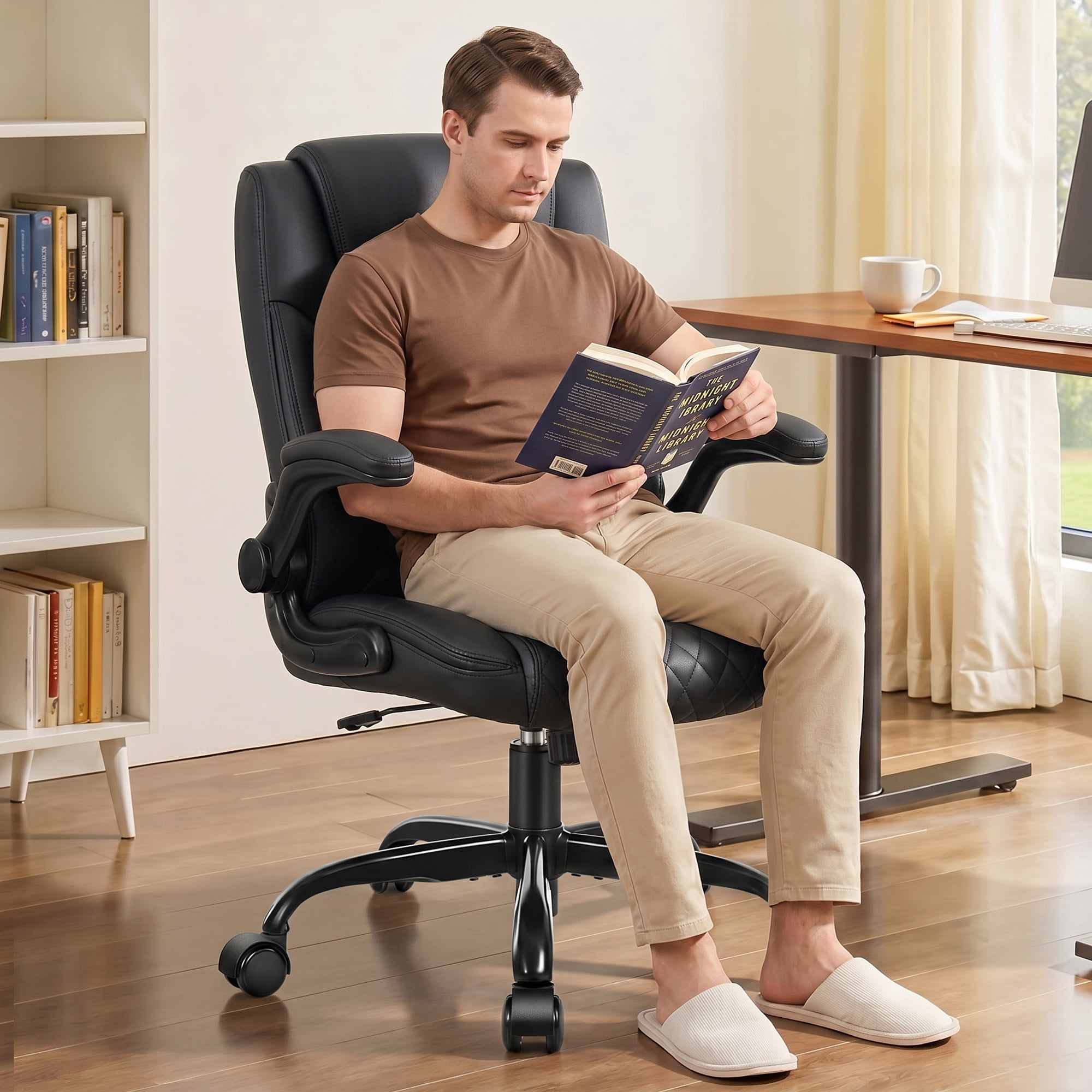 Condition photo showing Good Condition for coolhut pu leather ergonomic office chair, mid back home computer chair with flip-up armrest, adjustable height & back support, 360° swivel gaming cha