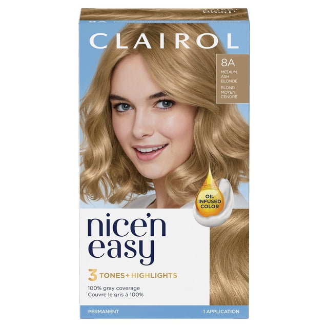 Clairol Nice'n Easy Permanent Hair Dye in 8A Medium Ash Blonde with 3 tones and highlights, providing 100% gray coverage and oil-infused color for natural-looking, long-lasting hair color in one application.