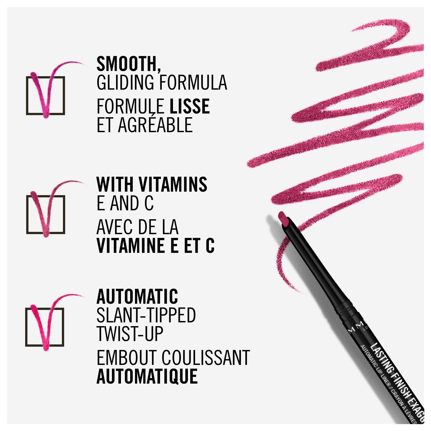 Rimmel Crayon à lèvres automatique Lasting Finish Exaggerate, crémeux, mélange de cire, silicone volatil et vitamines (E,C