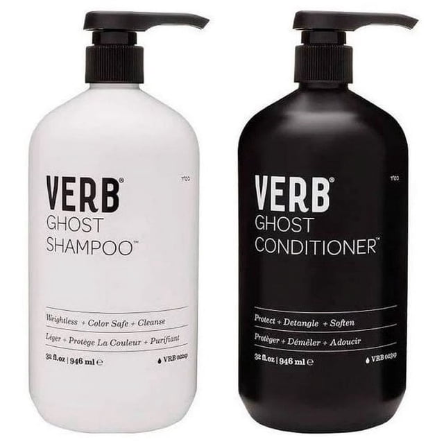 Verb Ghost Ensemble de Shampooing et Revitalisant, Comprenant Deux Bouteilles de 32 oz. la Bouteille Blanche Contient le Shampooing Ghost, Conçu pour un Nettoyage Léger et des Soins Sûrs pour la Couleur. la Bouteille Noire Contient le Revitalisant Ghost, Formulé pour Protéger, Démêler et Adoucir les Cheveux. les Deux Bouteilles Ont des Distributeurs à Pompe pour une Utilisation Facile.